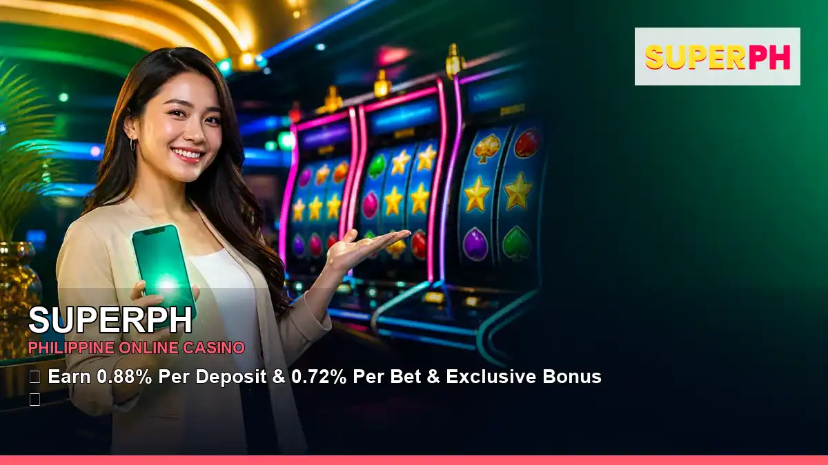 SUPERPH casino first deposit rewards featuring an adult Filipina casino host with a radiant composition